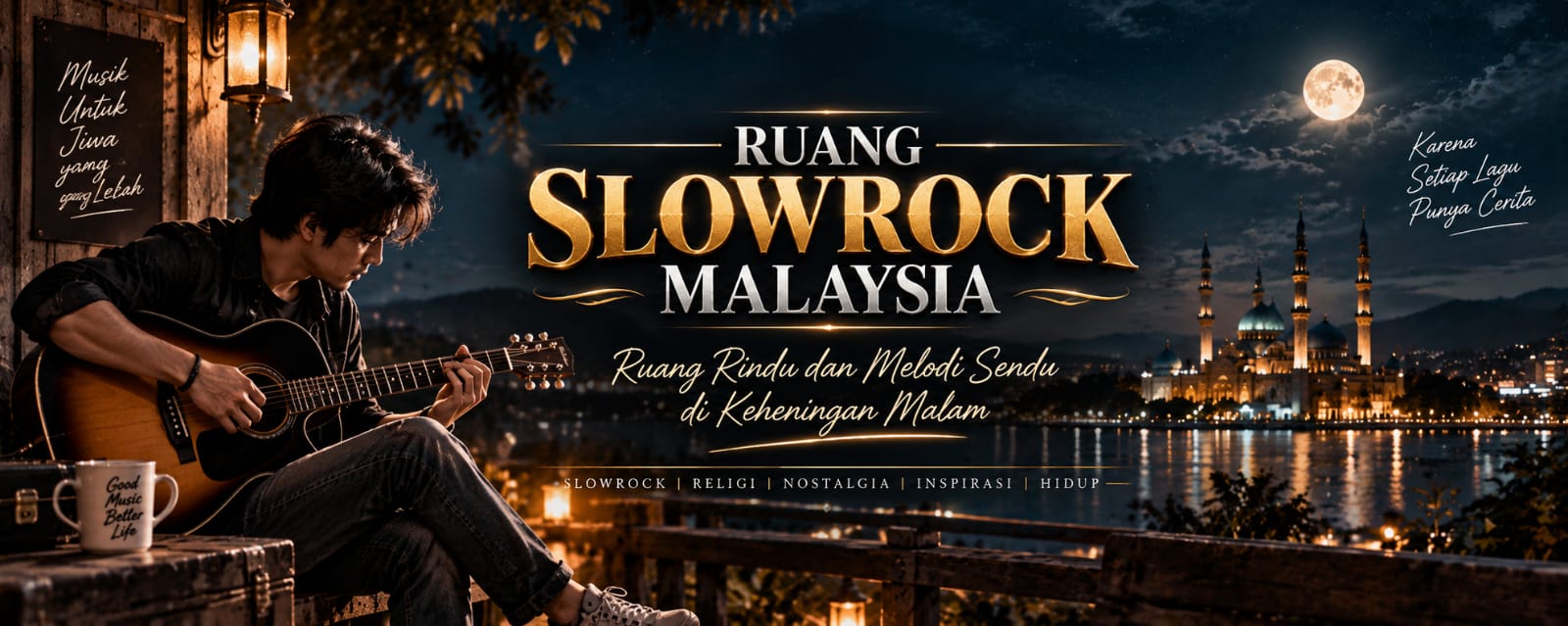 Ruang Slowrock Malaysia dengan gitar, suasana malam, dan cahaya bulan